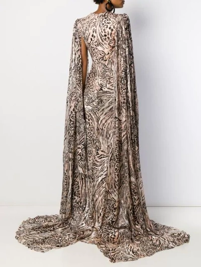 Shop Alex Perry Leopard Print Cape Sleeve Gown In Neutrals