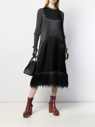 Shop Mm6 Maison Margiela Satin Faux-fur Trim Dress In Black