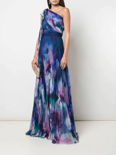 Shop Marchesa Notte Single Shoulder Pleated Gown In Blue