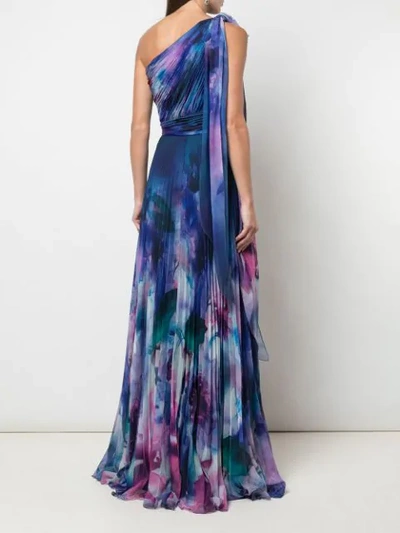 Shop Marchesa Notte Single Shoulder Pleated Gown In Blue