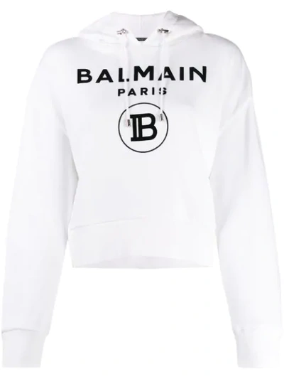 Shop Balmain Printed Logo Cropped Hoodie In Gab Blanc/noir