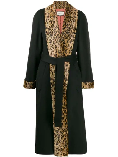 Shop Gucci Leopard Print Trim Oversized Coat In Black