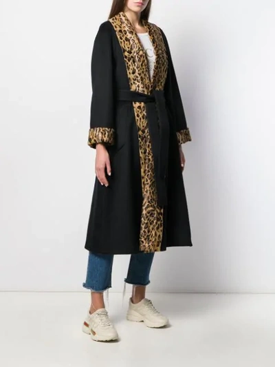 Shop Gucci Leopard Print Trim Oversized Coat In Black