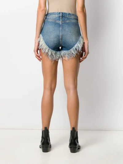 Shop Saint Laurent Feathered Hem Denim Shorts In Blue