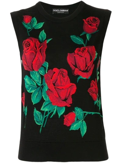 Shop Dolce & Gabbana Roses Intarsia Knitted Top In Black