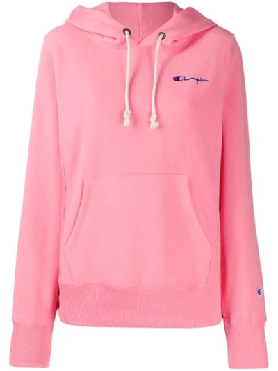 Shop Champion Logo Drawstring Hoodie In Pink