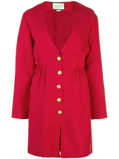Shop Gucci Long-sleeved V-neck Playsuit In Red