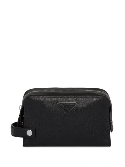 Shop Prada Logo Plaque Clutch In Black