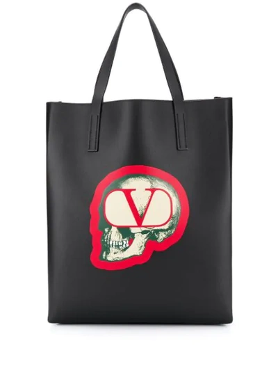Shop Valentino Skull Print Vlogo Tote Bag In Black