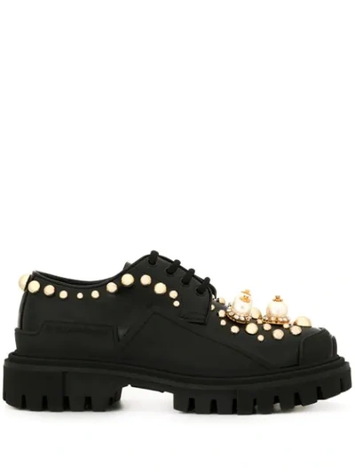 Shop Dolce & Gabbana Chunky Heel Embellished Derbies In Black