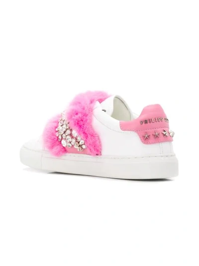 Shop Philipp Plein Faux Fur Embellished Low Top Sneakers In White