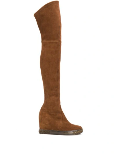 Shop Casadei Over-the-knee Wedge Boots In Brown