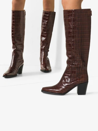 Shop Ganni 70mm Crocodile-effect Knee-high Boots In Brown