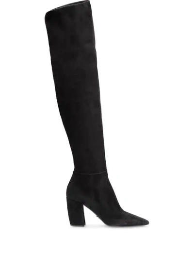 Shop Prada Suede Knee-high Boots In Black