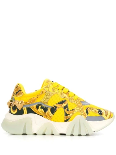 Shop Versace Platform Signature-print Sneakers In Yellow