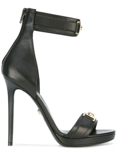 Shop Versace Medusa Plaque Heel Sandals In Black