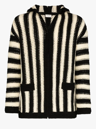 Shop Saint Laurent Striped Hooded Wool Cardigan In White