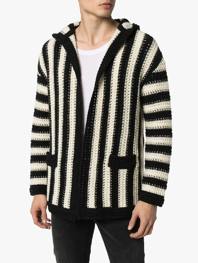 Shop Saint Laurent Striped Hooded Wool Cardigan In White