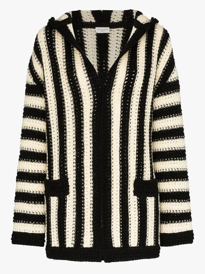 Shop Saint Laurent Striped Hooded Wool Cardigan In Black