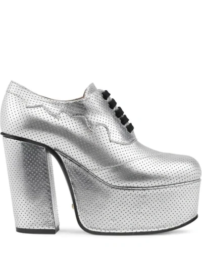 Shop Gucci Metallic Platform Lace-up Shoes In Silver