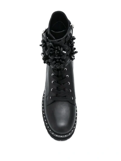 Shop Liu •jo Flower Appliqué Combat Boots In Black