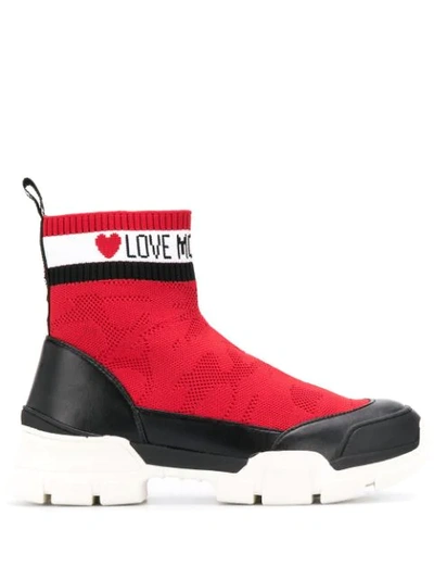 Shop Love Moschino Logo Contrast Sneaker Boots In Red