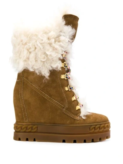 Shop Casadei Faux Fur Trim Lace-up Boots In Brown