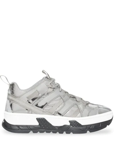 Shop Burberry Metallic Leather And Nylon Union Trainers In Silver