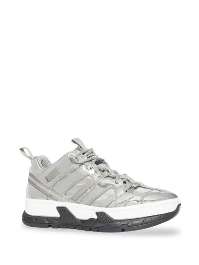 Shop Burberry Metallic Leather And Nylon Union Trainers In Silver