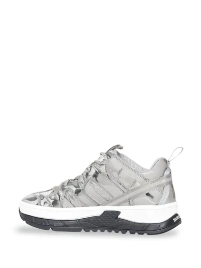 Shop Burberry Metallic Leather And Nylon Union Trainers In Silver