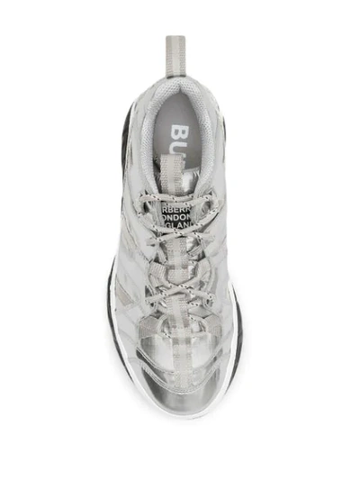 Shop Burberry Metallic Leather And Nylon Union Trainers In Silver