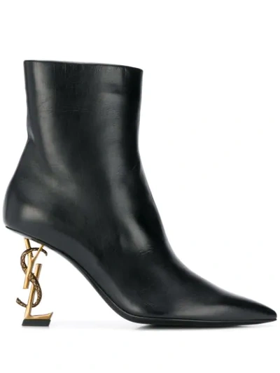 Shop Saint Laurent Opyum Logo Heel Pointed Boots In Black