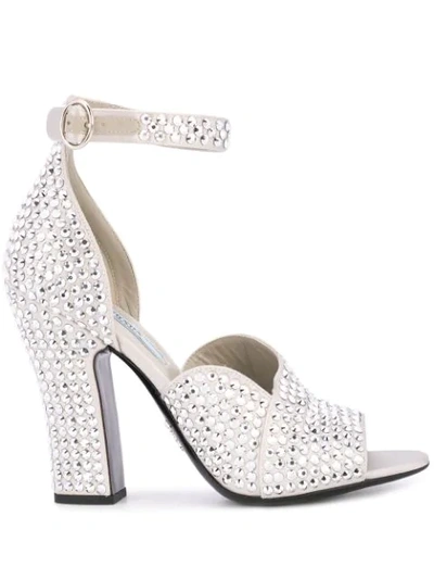 Shop Prada Stud Embellished Sandals In Silver ,white
