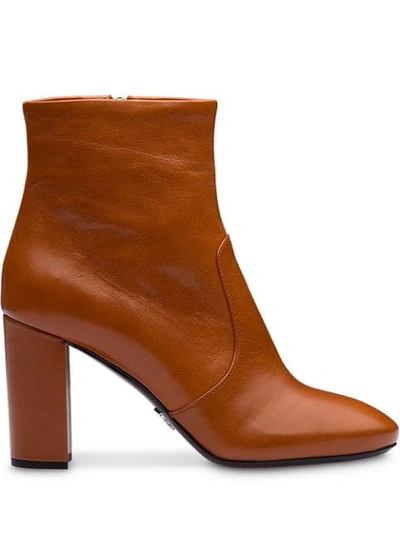 Shop Prada Chunky Heel Ankle Boots In Brown