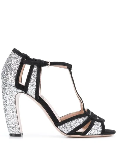 Shop Miu Miu Glitter Block Heel Sandals In Black