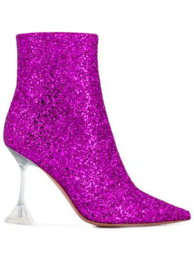 Shop Amina Muaddi Asymmetric Heel Glitter Detail Boots In Fucsia Pink