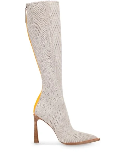 Shop Fendi Fframe Jacquard Pointed Toe Boots In Grey
