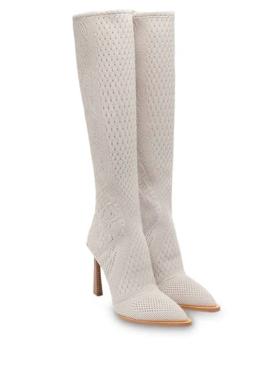 Shop Fendi Fframe Jacquard Pointed Toe Boots In Grey