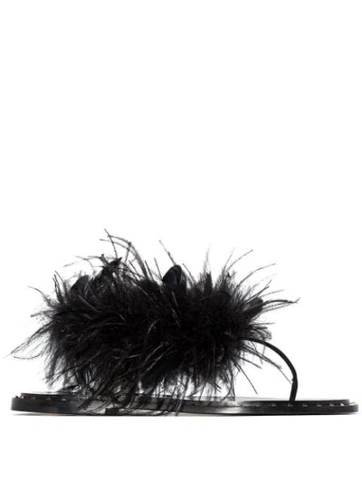 VALENTINO VALENTINO GARAVANI FEATHER EMBELLISHED THONG SANDALS - 黑色