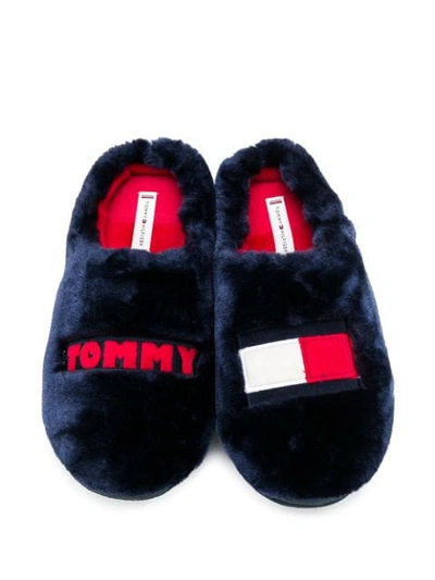 Shop Tommy Hilfiger Fluffy Flag Slippers In Blue
