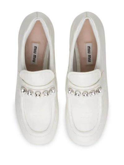 Shop Miu Miu Crystal Embellished Platform Loafers In White