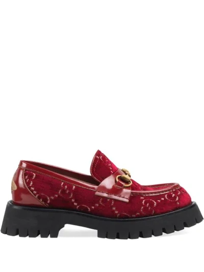 Shop Gucci Gg Velvet Lug Sole Loafers In Red