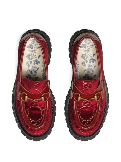 Shop Gucci Gg Velvet Lug Sole Loafers In Red