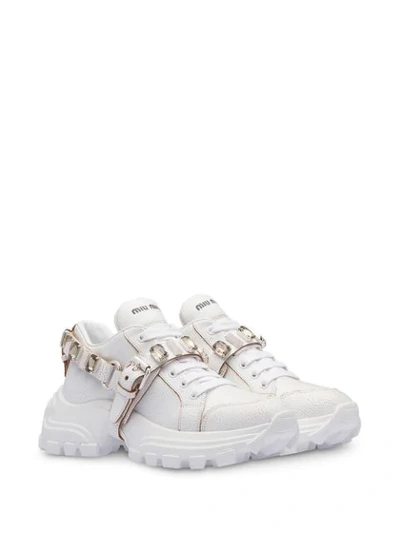 Shop Miu Miu Crystal-embellished Buckle Sneakers In White