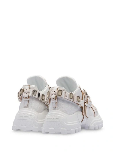 Shop Miu Miu Crystal-embellished Buckle Sneakers In White