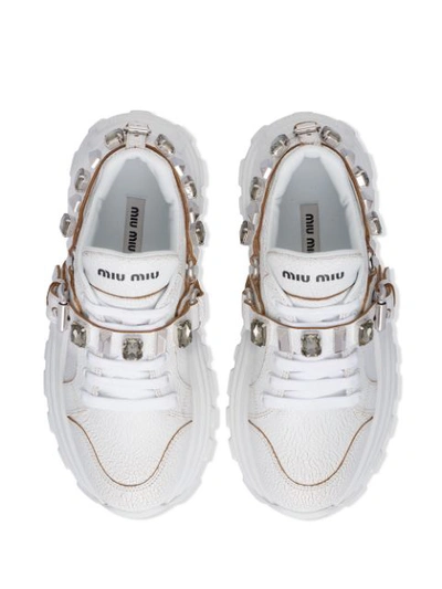 Shop Miu Miu Crystal-embellished Buckle Sneakers In White