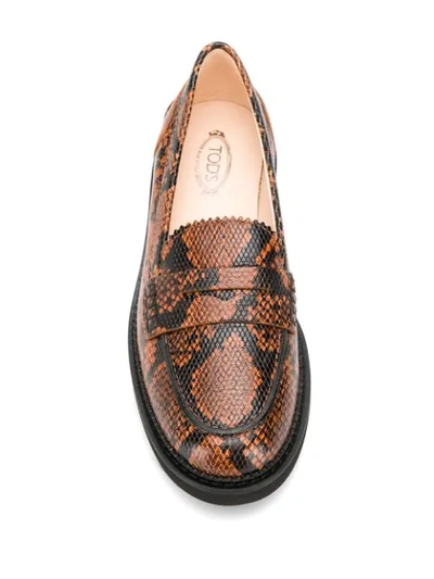 Shop Tod's Python Print Loafers In Brown