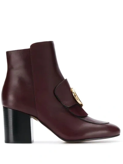 Shop Chloé C Logo Plaque Ankle Boots In 56b Bordeaux