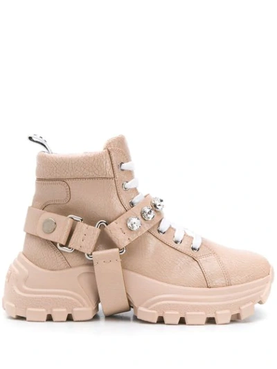 Shop Miu Miu Embellished Strap Boots In Neutrals