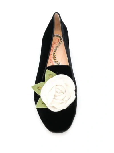 Shop Charlotte Olympia Floral-embellished Velvet Flats In Black